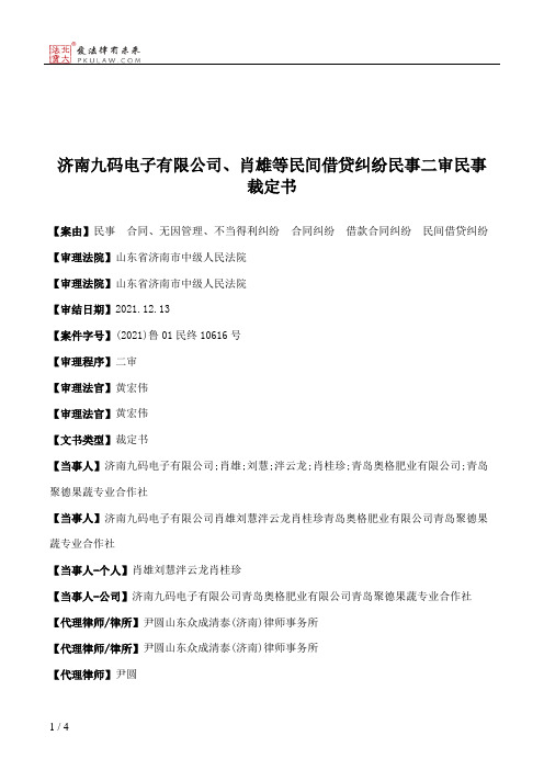 济南九码电子有限公司、肖雄等民间借贷纠纷民事二审民事裁定书