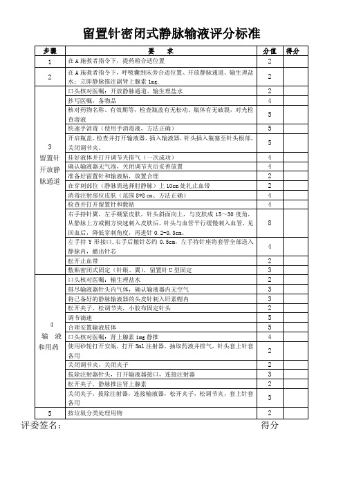 留置针密闭式静脉输液评分标准