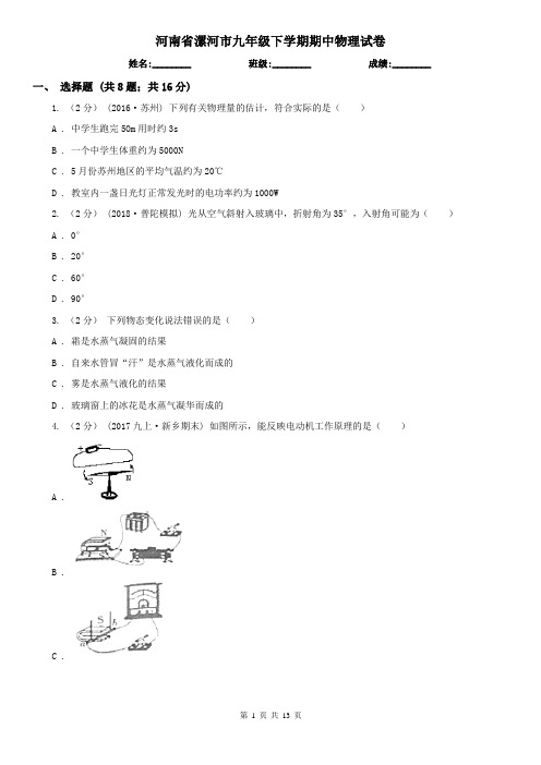 河南省漯河市九年级下学期期中物理试卷