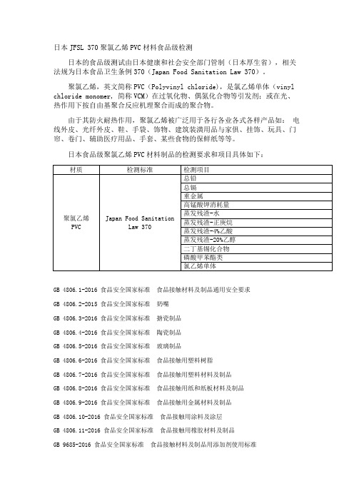 日本JFSL 370聚氯乙烯PVC材料食品级检测