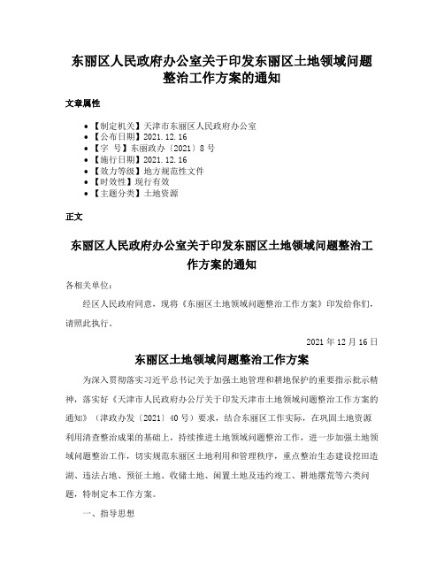 东丽区人民政府办公室关于印发东丽区土地领域问题整治工作方案的通知