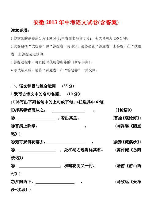安徽2013年中考语文试卷及解析