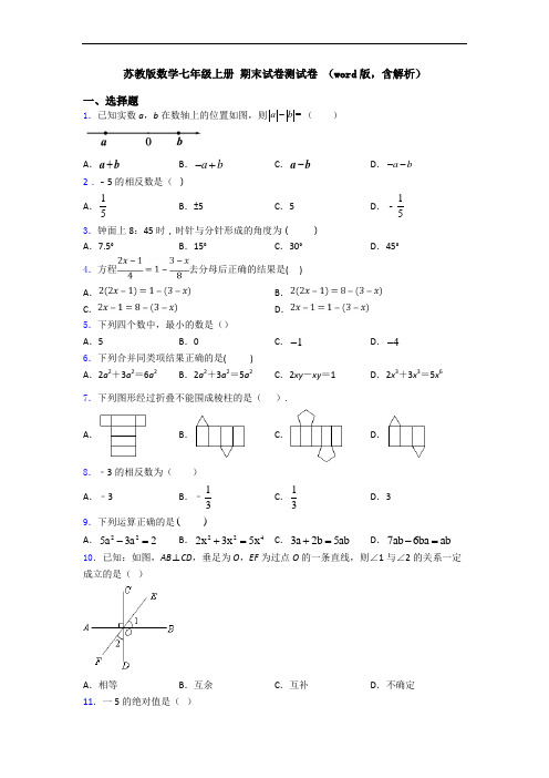 苏教版数学七年级上册 期末试卷测试卷 (word版,含解析)