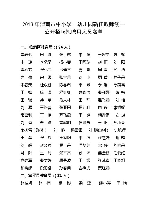 2013年渭南市中小学、幼儿园新任教师统一