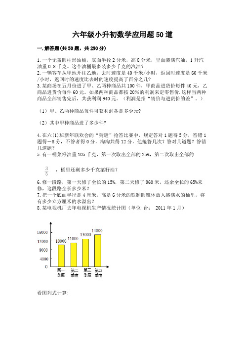 六年级小升初数学应用题50道及参考答案(满分必刷)