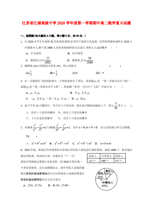 江苏省江浦高级中学2020学年度第一学期期中高二数学复习试题(一)