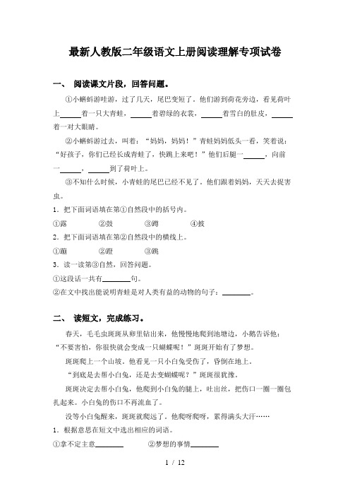 最新人教版二年级语文上册阅读理解专项试卷