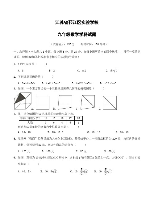 江苏省邗江区实验学校2018届九年级数学第三次模拟考试试题(附答案)