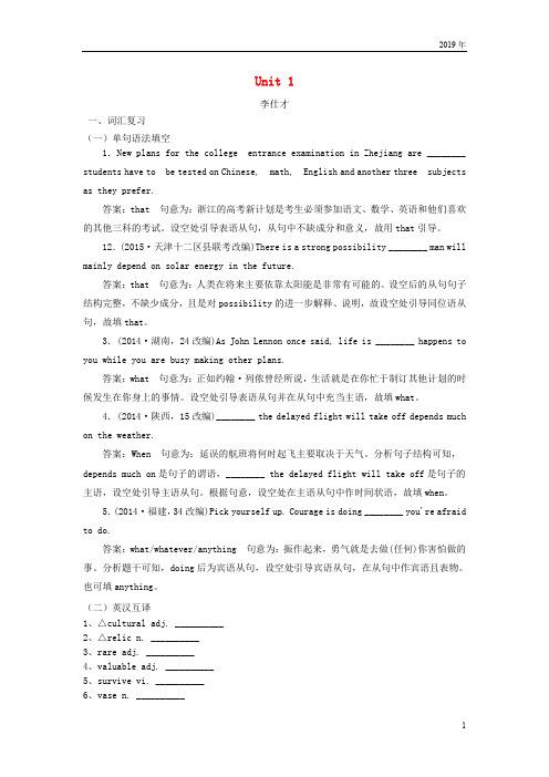 2019版高考英语 Unit 1 Cultural relics(词汇考查+词汇应用)(含解析)新人教版必修2