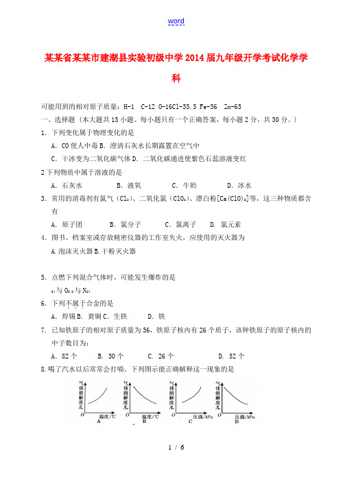 江苏省盐城市建湖县实验初级中学2014届九年级化学开学考试试题  新人教版