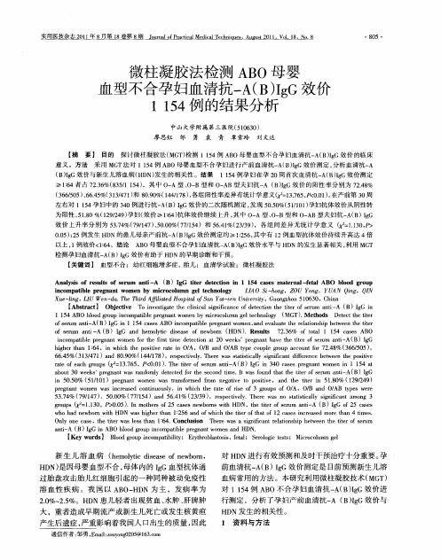 微柱凝胶法检测ABO母婴血型不合孕妇血清抗-A(B)IgG效价1154例的结果分析