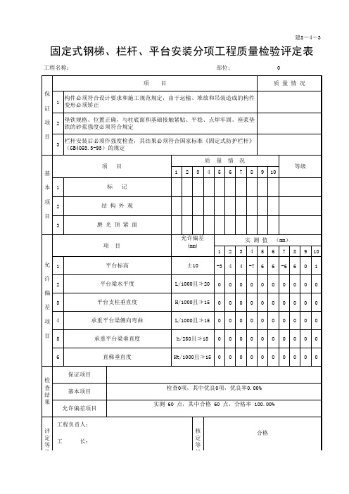 固定式钢梯、栏杆、平台安装分项工程质量检验评定表