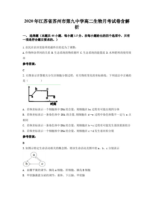 2020年江苏省苏州市第九中学高二生物月考试卷含解析