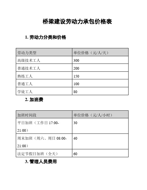 桥梁建设劳动力承包价格表