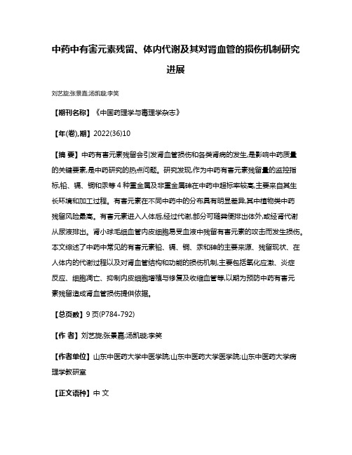 中药中有害元素残留、体内代谢及其对肾血管的损伤机制研究进展