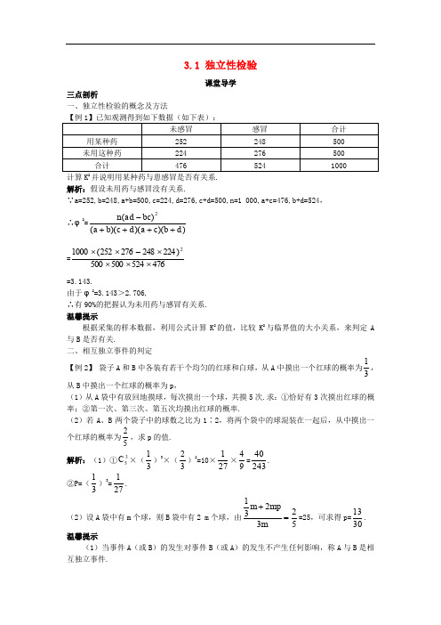 高中数学 第三章 统计案例 3.1 独立性检验课堂导学案 新人教B版选修23