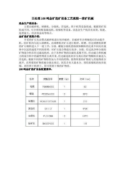 日处理100吨金矿选矿设备工艺流程