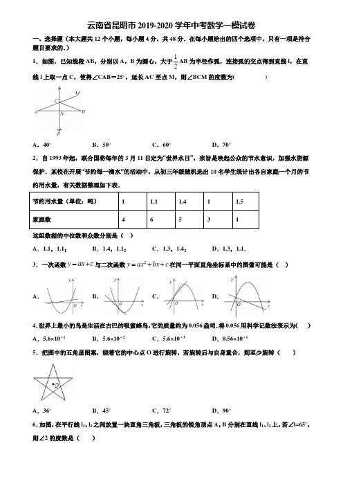 云南省昆明市2019-2020学年中考数学一模试卷含解析