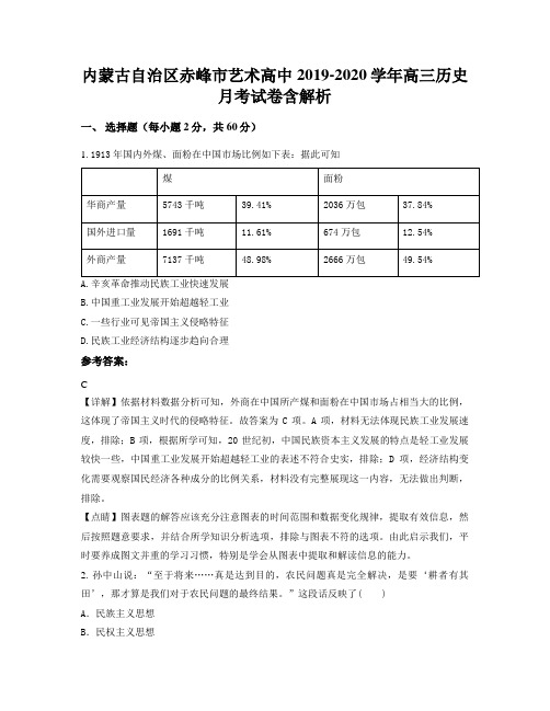 内蒙古自治区赤峰市艺术高中2019-2020学年高三历史月考试卷含解析