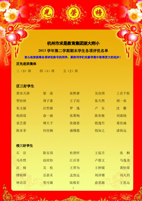 附小2013学年第二学期期末学生评优名单2014.7