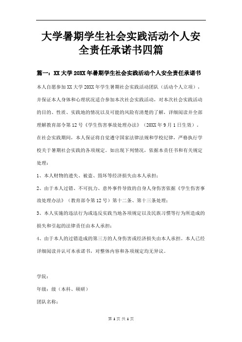 大学暑期学生社会实践活动个人安全责任承诺书四篇