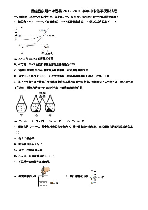 【附20套中考模拟试卷】福建省泉州市永春县2019-2020学年中考化学模拟试卷含解析