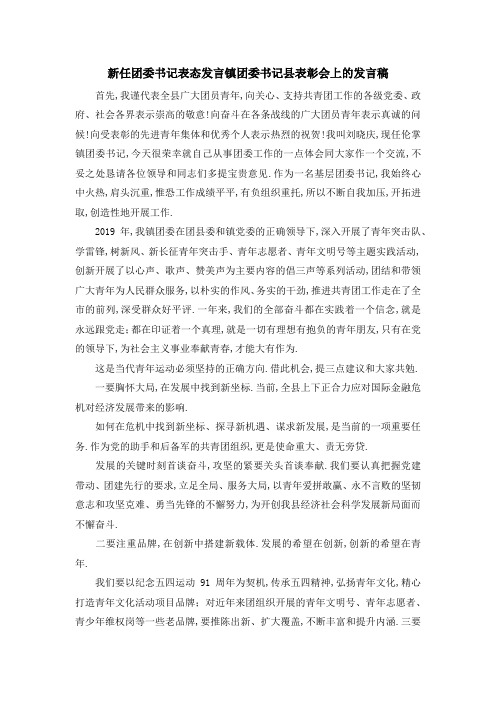 新任团委书记表态发言 镇团委书记县表彰会上的发言稿 精品
