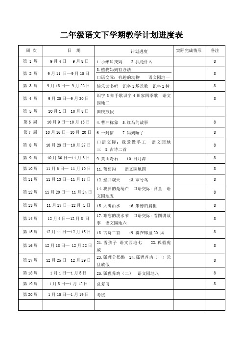 二年级语文下学期教学计划进度表