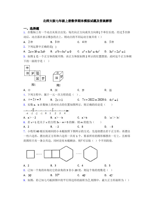 北师大版七年级上册数学期末模拟试题及答案解答