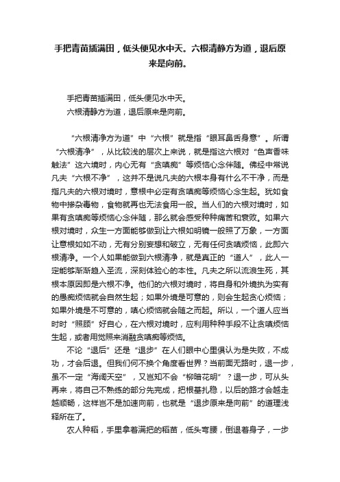 手把青苗插满田，低头便见水中天。六根清静方为道，退后原来是向前。