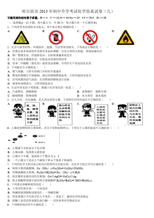 哈尔滨市2013年初中升学考试化学仿真试卷(九)