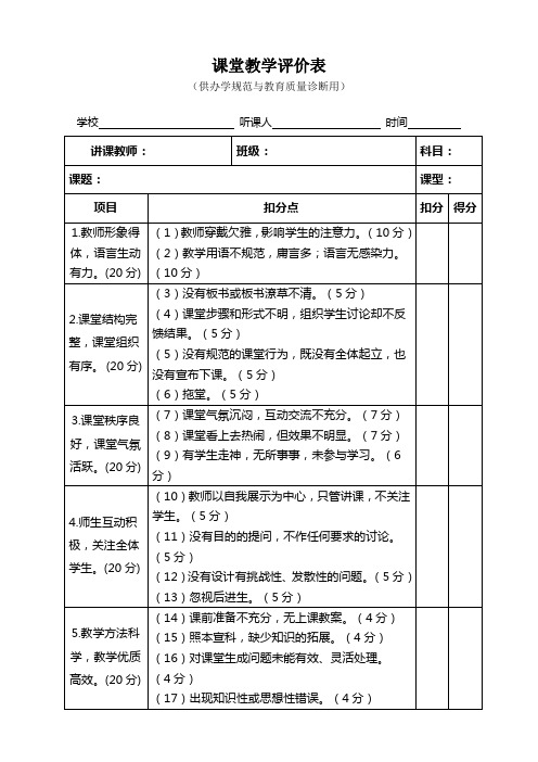 课堂教学评价表