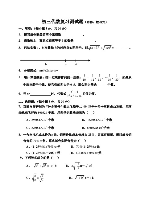 历年广州市初三数学中考代数复习测试题及答案
