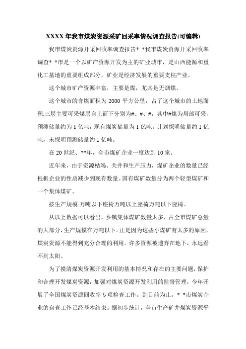 XXXX年我市煤炭资源采矿回采率情况调查报告(可编辑).doc