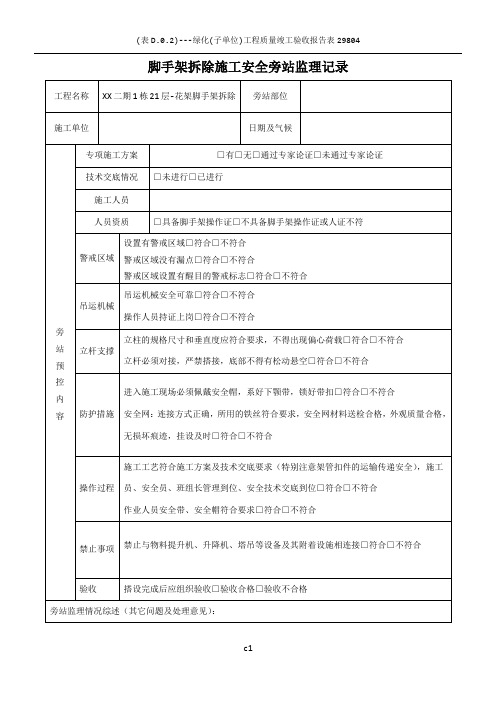 脚手架拆除施工安全旁站监理记录