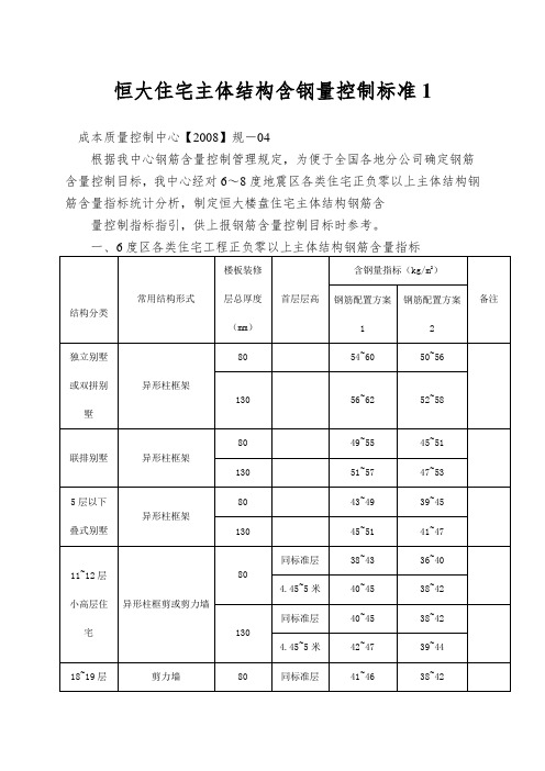 恒大住宅主体结构含钢量控制标准1