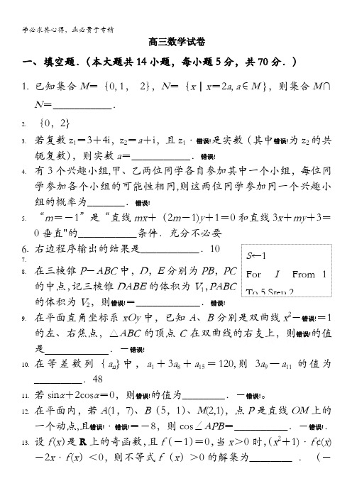 江苏省扬州中学2016届高三4月质量监测 数学 含答案