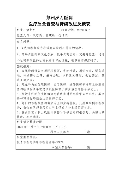 医疗质量改进反馈表