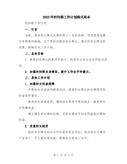 2023年村妇联工作计划格式范本
