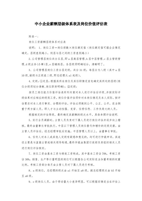 中小企业薪酬层级体系表及岗位价值评估表