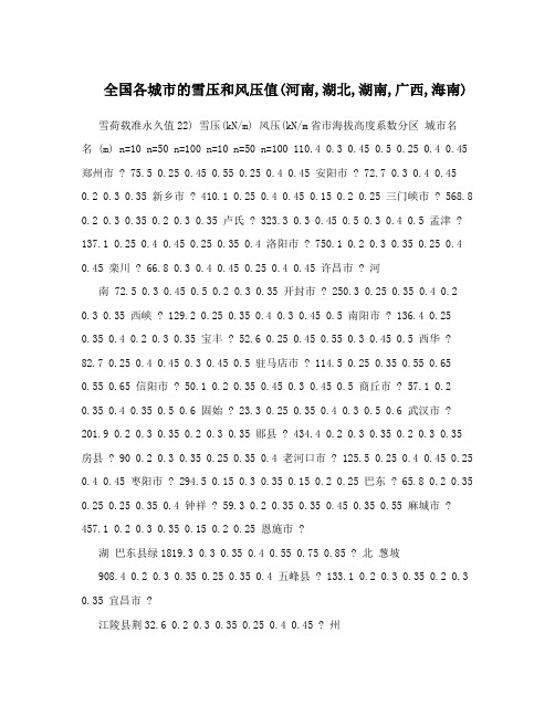全国各城市的雪压和风压值(河南,湖北,湖南,广西,海南)