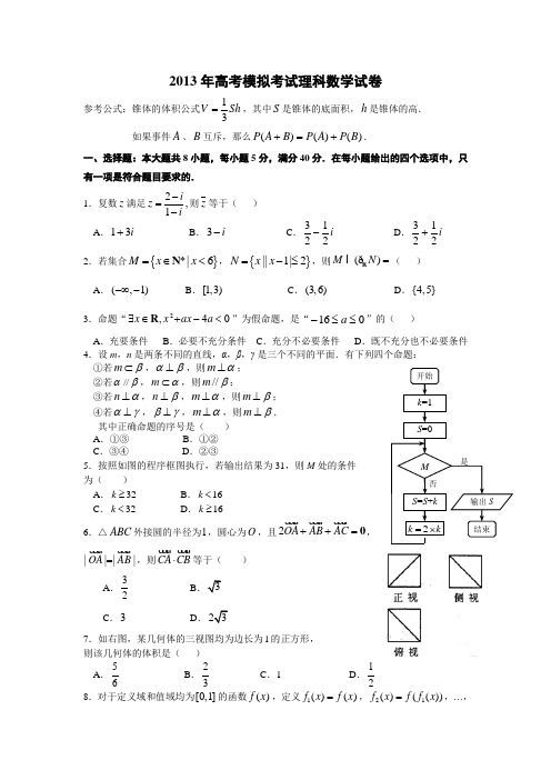 广东省中山一中2013届高三高考模拟数学理试题及答案