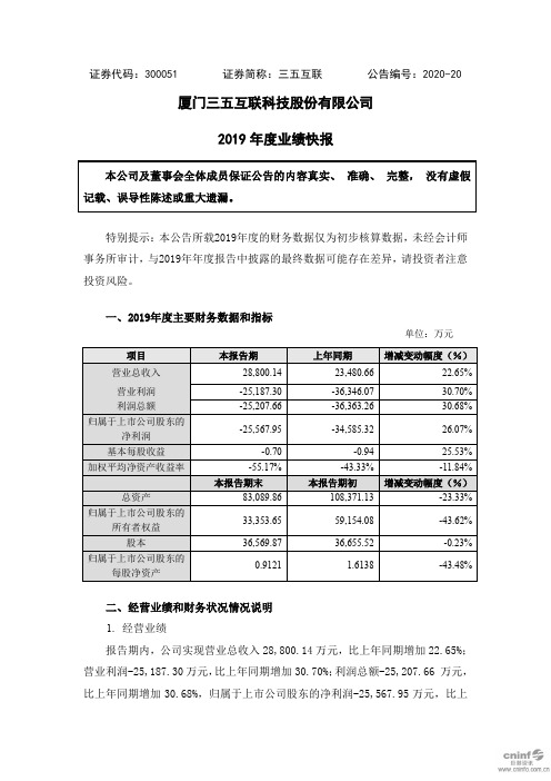 三五互联：2019年度业绩快报