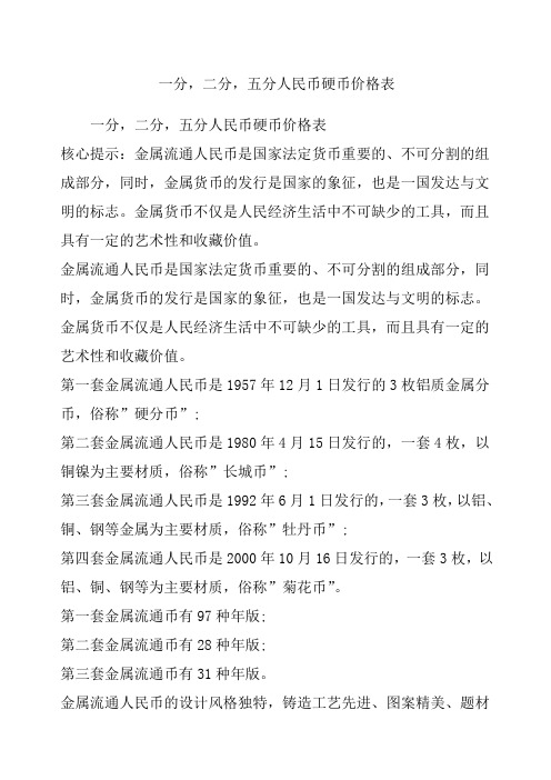 一分,二分,五分人民币硬币价格表