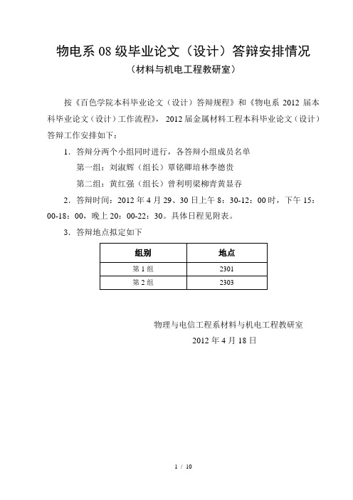 百色学院本科毕业论文(设计)答辩日程表(系用)(材料与机电)