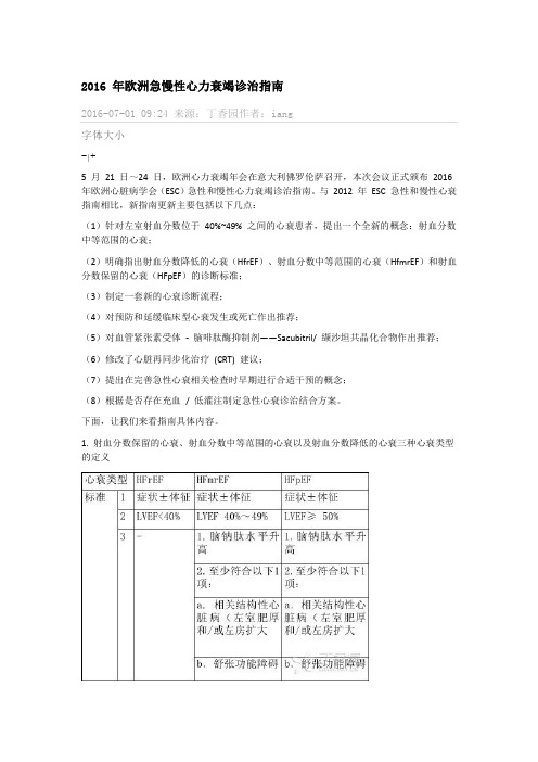 2016年年欧洲急慢性心力衰竭诊治指南