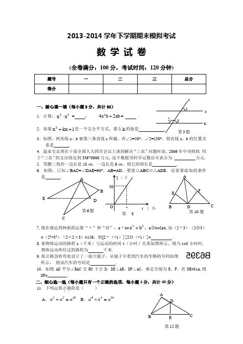 2013-2014学年下学期期末模拟考试数 学 试 卷