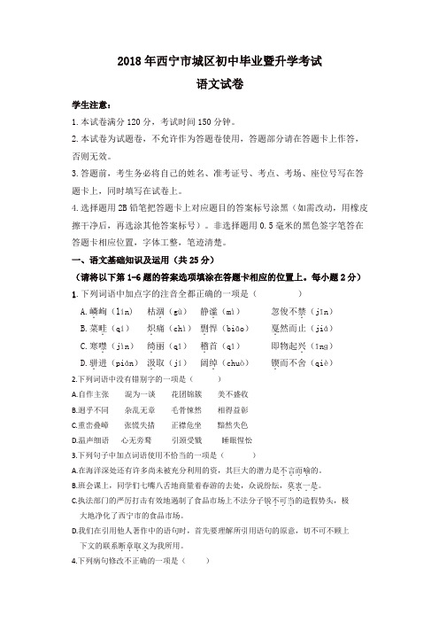 青海省西宁市2018年中考语文试题(含答案)