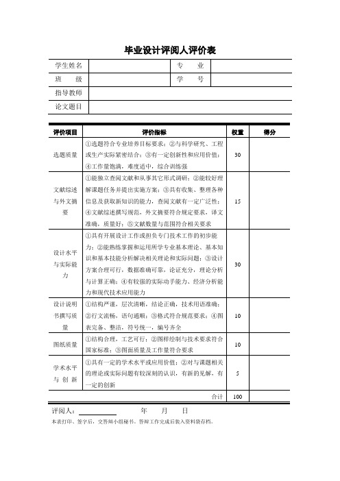 毕业设计评阅人评价表