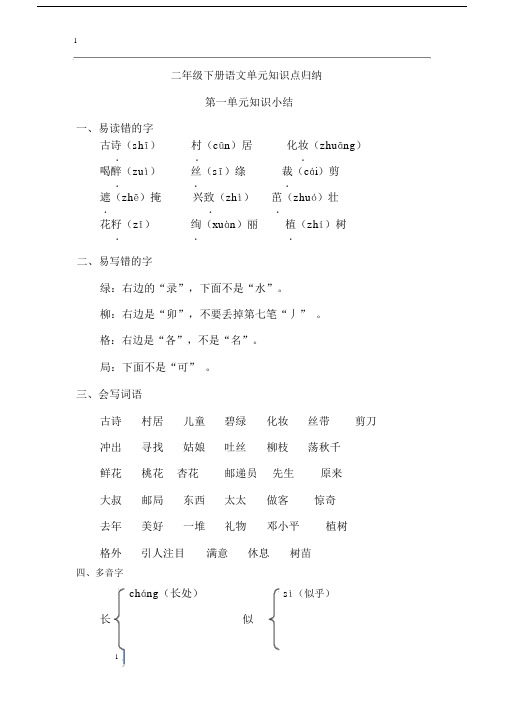 (完整版)二年级语文下册单元知识点汇总.docx